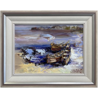 Morning with Three Boats on the Beach