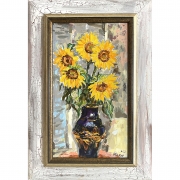 Bouquet of sunflowers in a blue vase